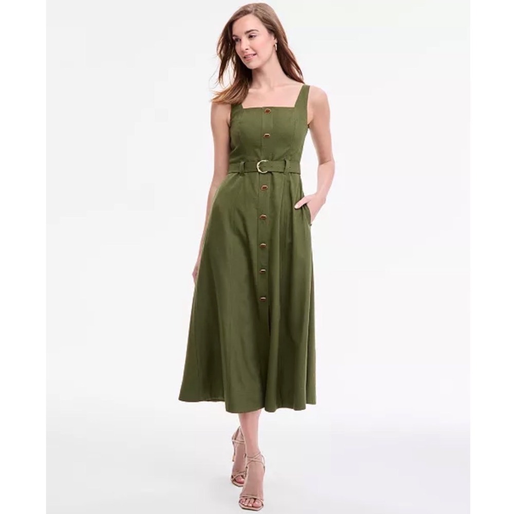 NEW Taylor Linen Blend Midi Dress Size 10 Olive Green Pockets Minimalist Cottage